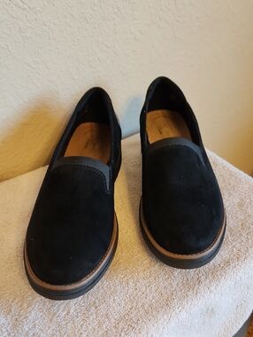 Clarks Black Suede Slip-On Loafers with Brown Trim